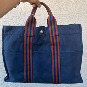HERMES Navy Blue Canvas Tote Bag with Brown handle
